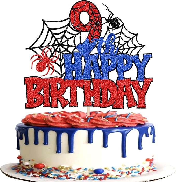 1 PCS Happy 9th Birthday Cake Topper Glitter Spider Web Cheers to 9 Years Nine Birthday Cake Pick Superhero Spider Party Decorations for Boys Girls Happy 9th Birthday Party Cake Decorations Supplies