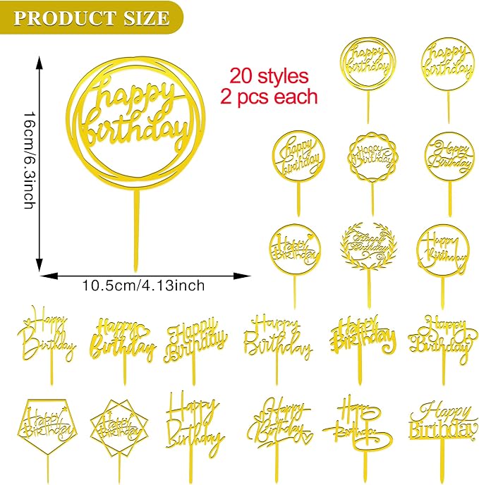 40 PCS Gold Happy Birthday Cake Topper Acrylic Birthday Cupcake Topper Cake Pick Decorations for Birthday Party Cake Desserts Pastries 20 Styles
