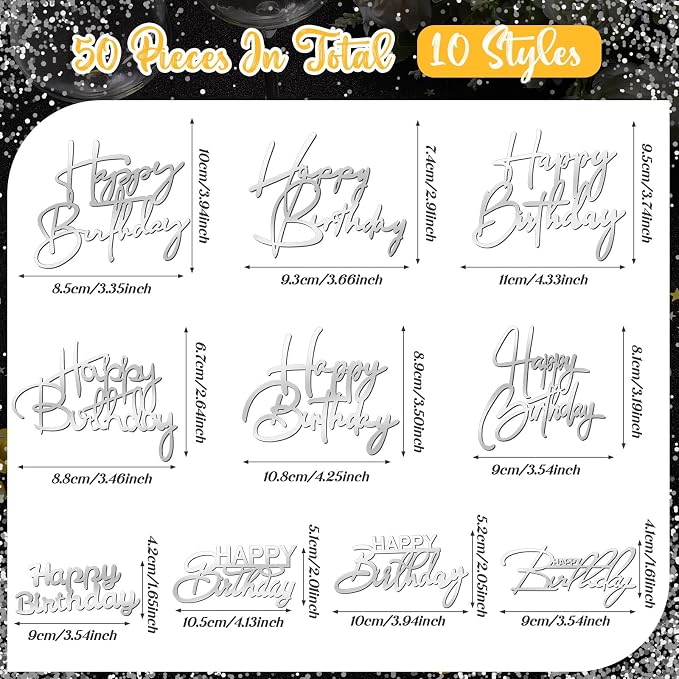 Barydat 50 Pcs Happy Birthday Cake Toppers Bulk Mirror Acrylic Cupcake Topper Decorations Happy Birthday Sign for Cake Inserts Decor Celebrate Anniversary Theme Party Supplies 10 Style(Silver)