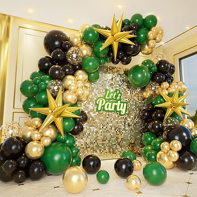 Bonropin 161pcs Green and Gold Black Balloon Arch Kit with Explosion Star Balloons, 5/10/12/18in Emerald Forest Dark Green Black Metallic Gold Balloons for Birthday Graduation Wedding Party Decoration