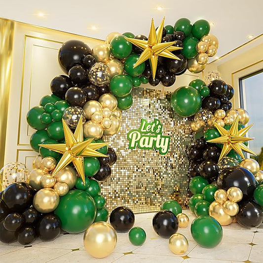 Bonropin 161pcs Green and Gold Black Balloon Arch Kit with Explosion Star Balloons, 5/10/12/18in Emerald Forest Dark Green Black Metallic Gold Balloons for Birthday Graduation Wedding Party Decoration