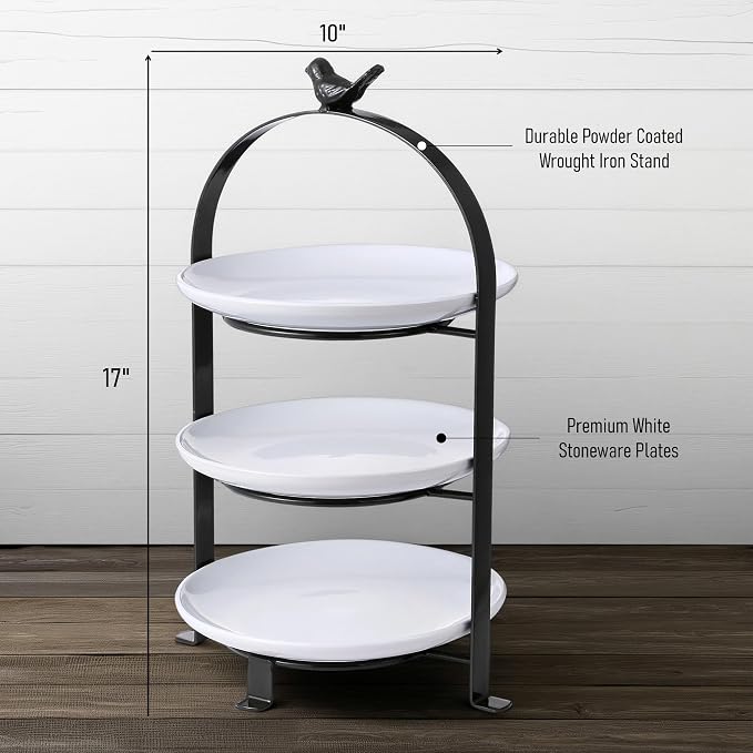 SparkWorks 3 Tiered Cake Stand, Tea Party Serving Platter, Dessert and Cupcake Stand, Metal Tiered Serving Stand Includes Three Premium White Stoneware Plates