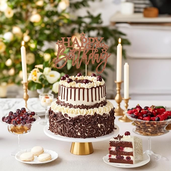 Gyufise 1Pcs Happy Birthday Cake Topper Glitter Cake Pick for Celebrating Anniversary Theme Party Cake Decorations Supplies Light Brown