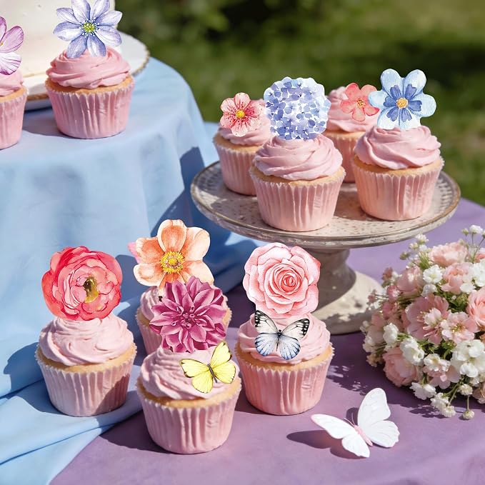 138pcs Edible Flower Butterflies Cake Topper Wafer Paper Flower Cupcake Toppers Mixed Size Hawaiian Flower Cake Decorations for Tropical Luau Birthday Baby Shower Party Supplies