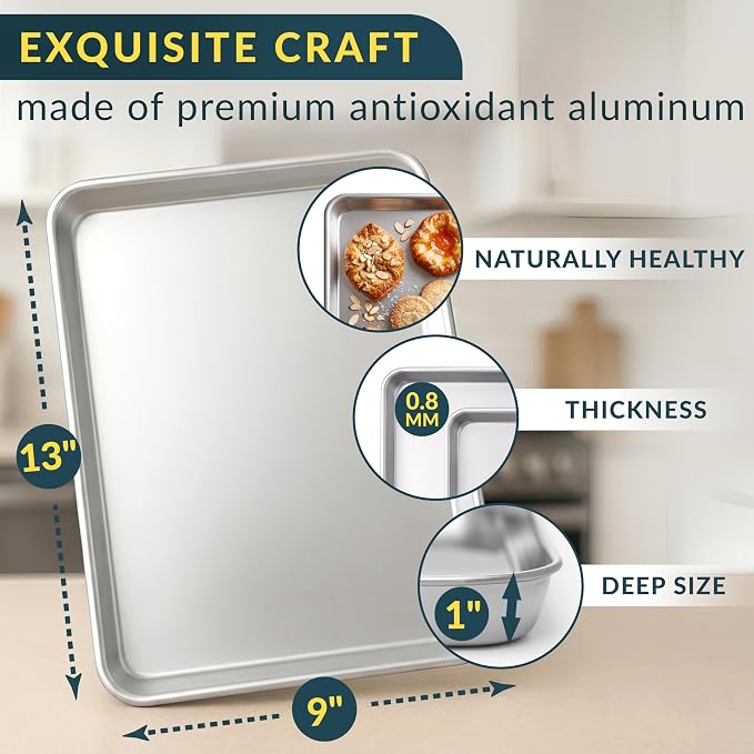 Baker’s Signature 13" x 9" Aluminum Cookie Sheets for Baking Set of 2, Quarter Baking Sheet Pans - Anti-Warp, Reinforced Encapsulated Steel Rim, Easy to Clean
