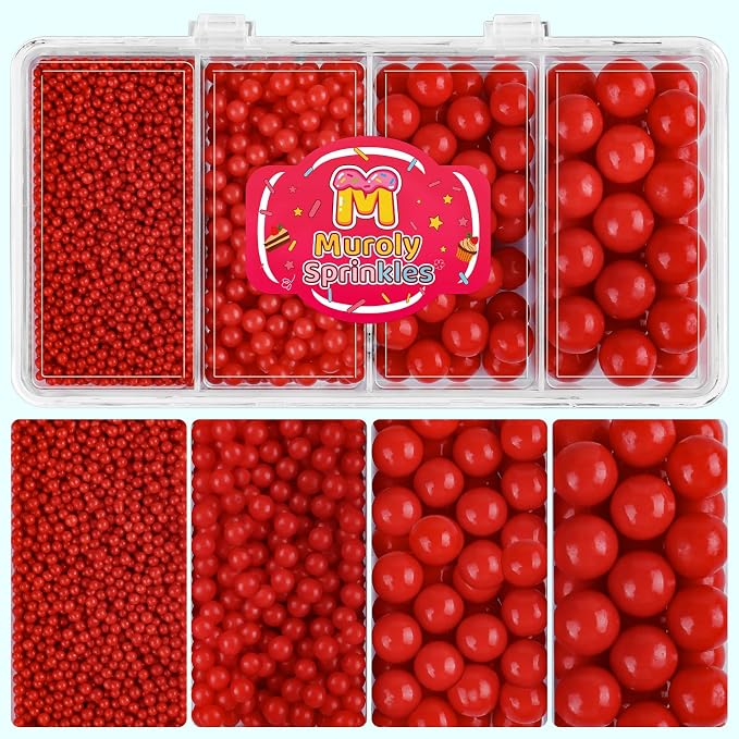 Red Sprinkles Edible Pearls for Cake Decorating, 4 Sizes Red Pearl Sprinkles for Cupcakes Ice Cream Dessert 4.6oz