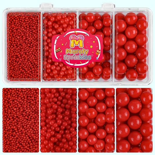 Red Sprinkles Edible Pearls for Cake Decorating, 4 Sizes Red Pearl Sprinkles for Cupcakes Ice Cream Dessert 4.6oz