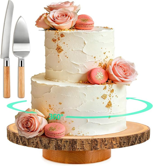 Rotating 12" Rustic Wood Cake Stand + Elegant Cutting Set — Smooth 360° Turntable for Wedding Cakes, Baking & Party Display
