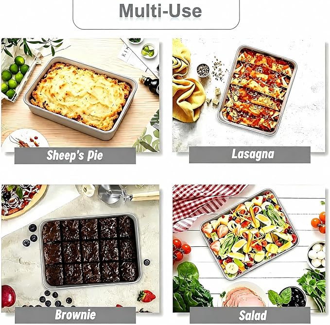 2-Pack Stainless Steel 2" Deep Baking & Roasting Pan Set (12/16 Inch) - Uncoated Non-Toxic Heavy Duty Sheet Pan for Lasagna, Brownies, Bread, Deep Dish Pizza - No Warping, Dishwasher Safe