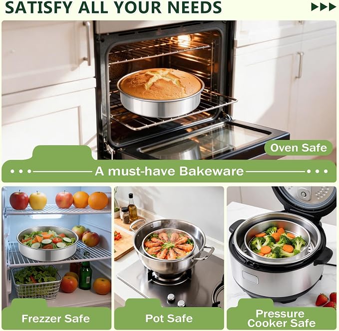 P&P CHEF 9 Inch Cake Pan Set of 2, 2 Pieces Round Layer Cake Baking Pans, Stainless Steel Smash Cake Tin Bakeware for Cooking Steaming, Nontoxic & Sturdy, Oven & Dishwasher Safe