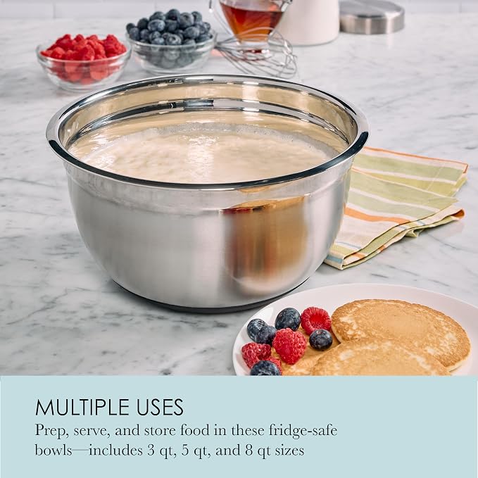 Chicago Metallic Stainless Steel Mixing Bowls Set of 3-3 Qt, 5 Qt, 8 Qt Nesting Bowls with Nonslip Silicone Bases, Dishwasher Safe, Rust Resistant for Kitchen Prep, Serving, and Food Storage
