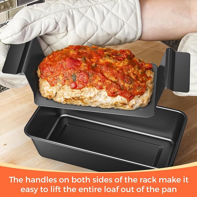 TLAZZ 2 Pack Meatloaf Pan with Drain Tray, Non Stick Meat Loaf Pan with Drip Tray, 9.4 x 5.5 Inch Loaf Pan for Baking Bread and Meatloaf