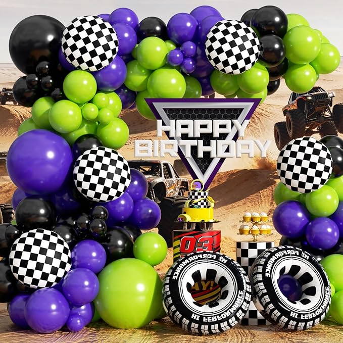 Monster Truck Balloon Arch Garland Kit 156pcs, Green Purple Black Silver Big Wheels Race Car Balloons Arch Kit for Two Fast Theme Boy Birthday Anniversary Monster Truck Jam Party Decorations
