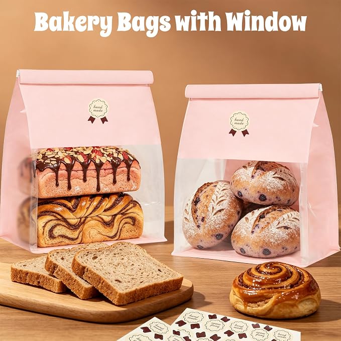 "Funcoo Paper Bread Bags with Tabs for Homemade Sourdough Bread, Pink Bakery Bread Bags with Window/Tin Tie Tab Lock, Large Bakery Loaf Bag for Baked Goods Packaging" (50, X-Large)
