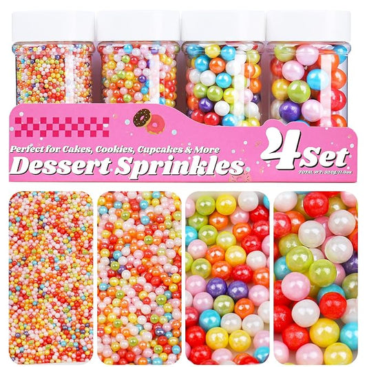 Rainbow Dot Sprinkles, 11.3oz/320g Edible Pearls Rainbow Nonpareils Sprinkles, 4 Jars Set for Baking Cakes Cupcakes Cookies
