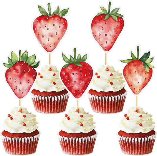 25pcs Watercolor Printed Strawberry Cupcake Toppers Red Strawberries Cupcake Picks for Strawberry Baby Shower Kids Boys Girls Berry Birthday Sweet Fruit Party Cake Decorations