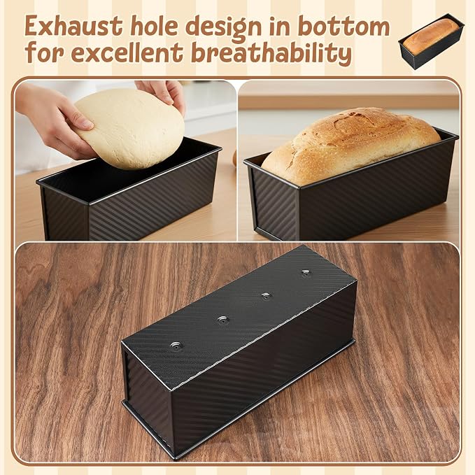 2 Pack Pullman Loaf Pan with Lid, 2.2Lb Non-stick Coating Bread Pan 12.4*4.52*4.3inch Easy to Demold Sandwich Loaf Pans Bread Baking Pans with Lid for Breads Shop Homemade Breads with Family