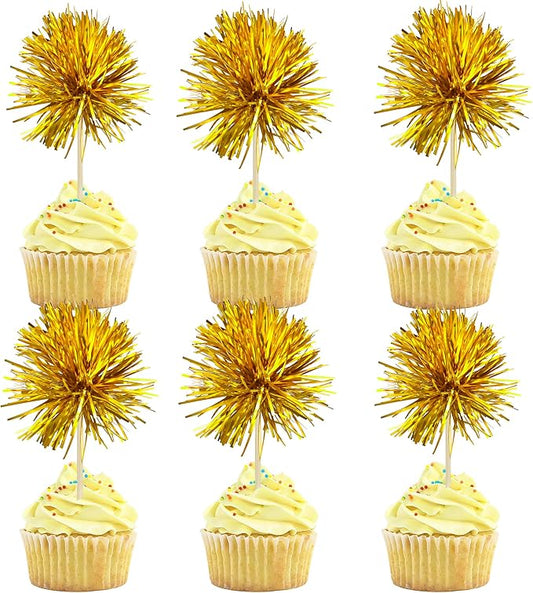 Gyufise 30Pcs Foil Firework Cupcake Toppers Sparkle Tinsel Cake Toppers Tinsel Drink Cake Decoration Cocktail Picks for Birthday Wedding Graduation Party Supplies Dark Gold