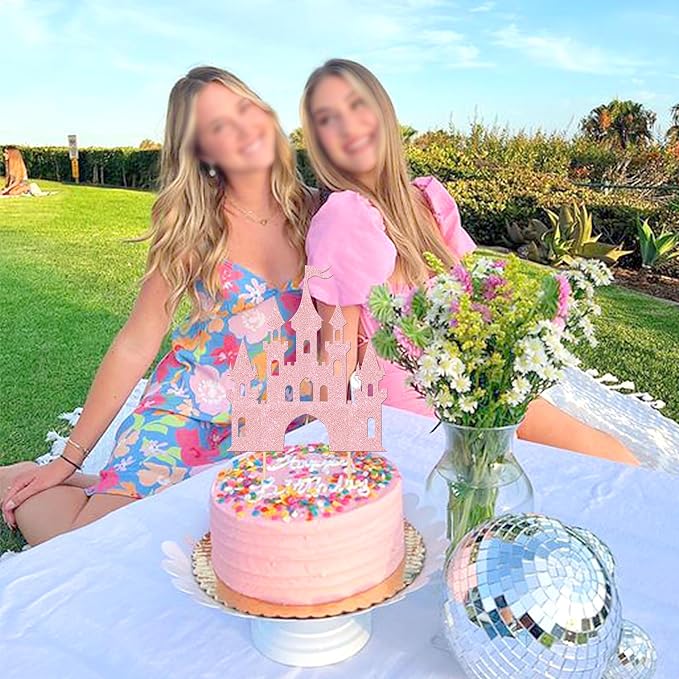 1 PCS Castle Cake Topper Glitter Princess Cake Topper Castle Theme Birthday Party Decoration Princess Happy Birthday Cake Decoration for Baby Shower Girls Princess Birthday Party Supplies Light Pink