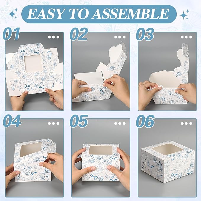 50 Pack Blue Seashell Cookie Boxes with Window, Blue Bow Coastal Nautical Treat Boxes for Beach Wedding, Baby Boy Shower & Under the Sea Party Bakery Favors for Cookies & Macarons