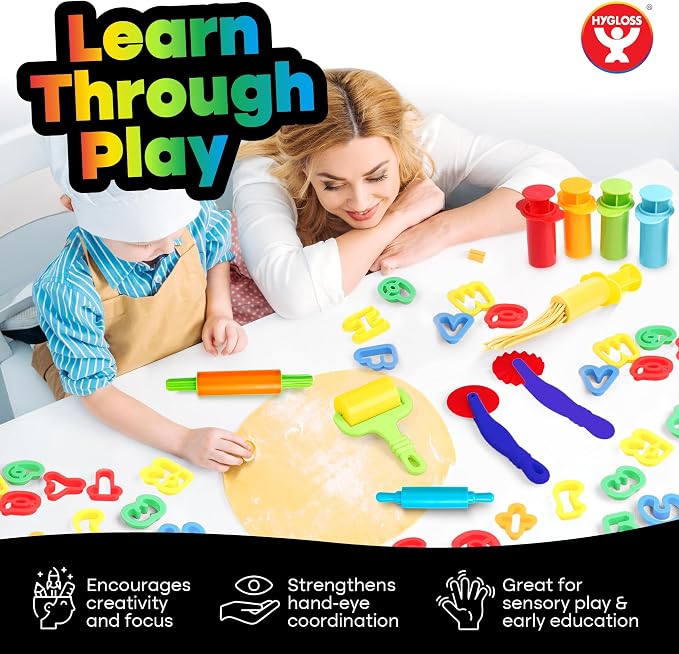 Hygloss 54 Pcs Dough Tools Set – Dough Cutters +Dough Extruders+Numbers & Alphabet Cutters Set – Educational Modeling Clay Tools – Preschool Toys & Toddler Activities – Arts & Crafts for Kids Ages 3-5