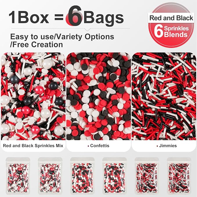 HUEBEATY Red White and Black Sprinkles for Cake Decorating and Baking, 180g | Graduation Sprinkles, Birthday Party Sprinkles for Baseball, Race Car, Casino, Hero Cakes Decoration, Cupcakes & Cookies