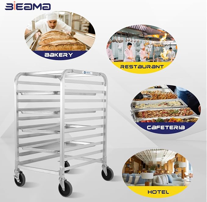 BIEAMA 10-Tier Full Size Sheet Pan Rack, NSF Aluminum Bun Pan Rack | Bakery speed Rack for Home Commercial Kitchen Bakery Cooling, 4 Wheels