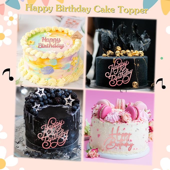 6 PCS Happy Birthday Side Cake Toppers Pink Mirror Side Cake Toppers DIY Acrylic Glitter Cake Inserts Celebration Birthday Party Event Cupcake Decorations (Rose Gold)