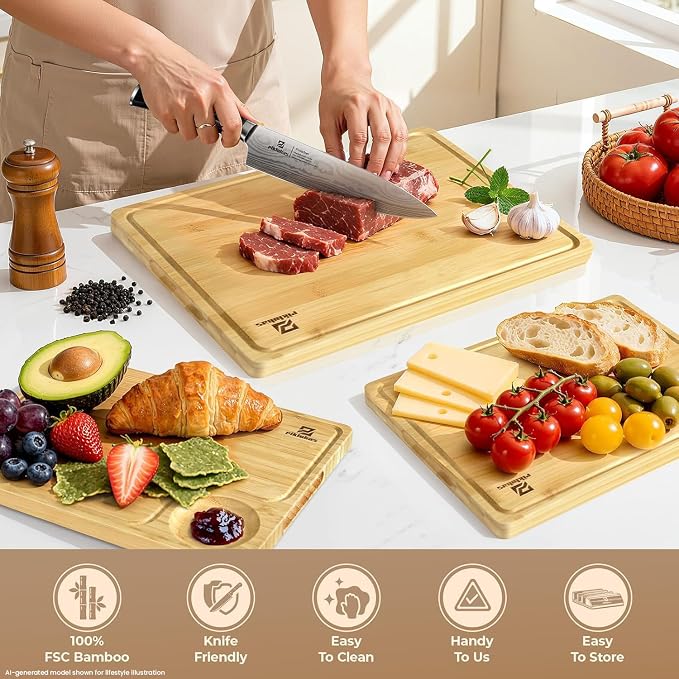Bamboo Cutting Boards Large Set of 4 for Kitchen+Bread Slicer with Bread Knife