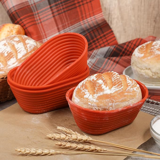 Webake 6 Inch Silicone Oval Small Banneton Basket, Mini Banneton Bread Proofing Basket for Sourdough Bread Soup Bowls, 4Pcs