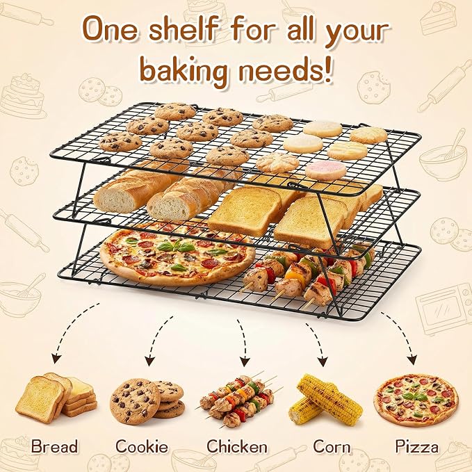 3-Tier Stackable Cooling Rack, 16.5 x 12 Inch Wire Racks, Detachable Cooling Racks with Legs, Carbon Steel Baking Rack, for Baking Cooking Grilling, Oven Safe