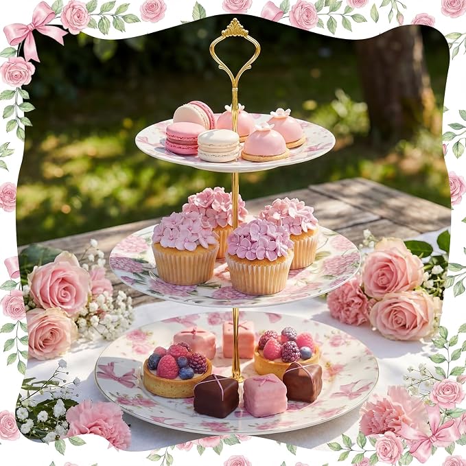 3 Tier Pink Floral Cake Stand Ceramic Coquette Dessert Stand with Gold Metal Rack Shabby Hydrangea Bow Cupcake Tower for Wedding Bridal Shower Baby Shower Birthday Afternoon Tea Party