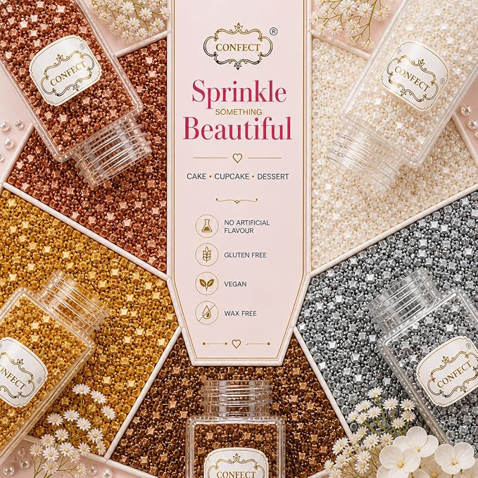 Confect Sparkling Sugar for Baking & Cake Decoration Sugar Assorted pack of 5 Metallic Mania Sparkling Sprinkles Mix Bronze, Gold, Copper Pearl & Sliver | Vegan, Gluten-Free, Soy-Free, Dairy-Free, Palm Oil-Free- 5 oz
