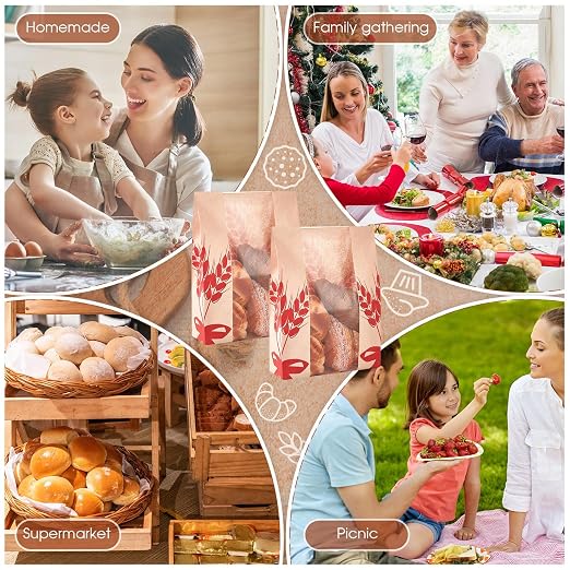 Gueevin 100 Pcs Kraft Paper Bread Bag for Homemade Bread Large Sourdough Loaf Bag with Clear Window Bakery Food Package Storage with 500 Pcs Sticker for Popcorn Cookies, 14x8.3x3.2''