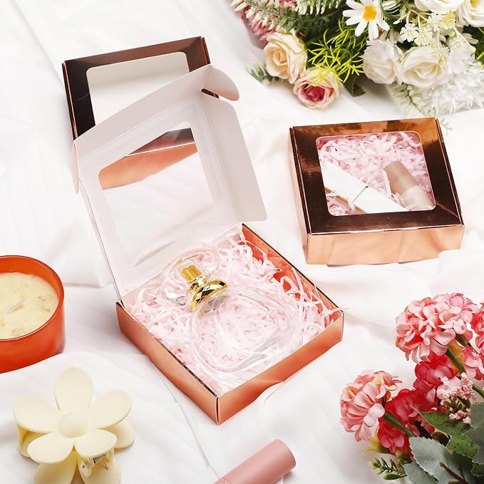 Zonon 60 Pcs Kraft Paper Boxes with Window 4.13 x 4.13 x 1.18 Inch Candy Packaging, Small Gift Boxes, Soap holder, Mini Treat Packaging for Bakery Chocolate Jewelry Display (Rose Gold)