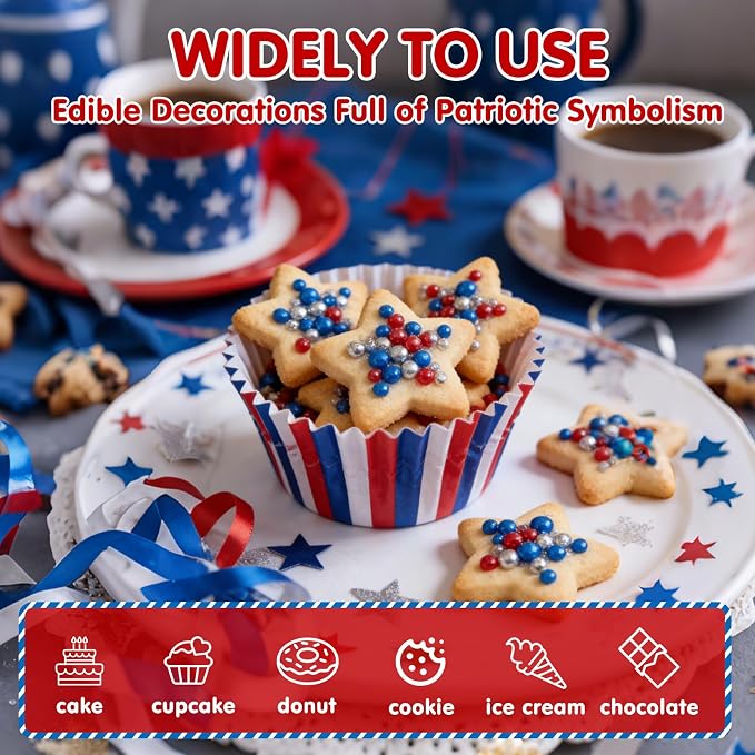 Patriotic Nonpareils Sprinkles,2mm Red Blue and White Pearls for Cake Decorations,July 4th Edible Sprinkle Mix for Baking,130g,Edible Sugar Pearls for Cake Decorating,Cookies,Ice Cream,Fondant Cake,Cupcakes,Desserts,May Day,Memorial Day,Flag Day,Junete...