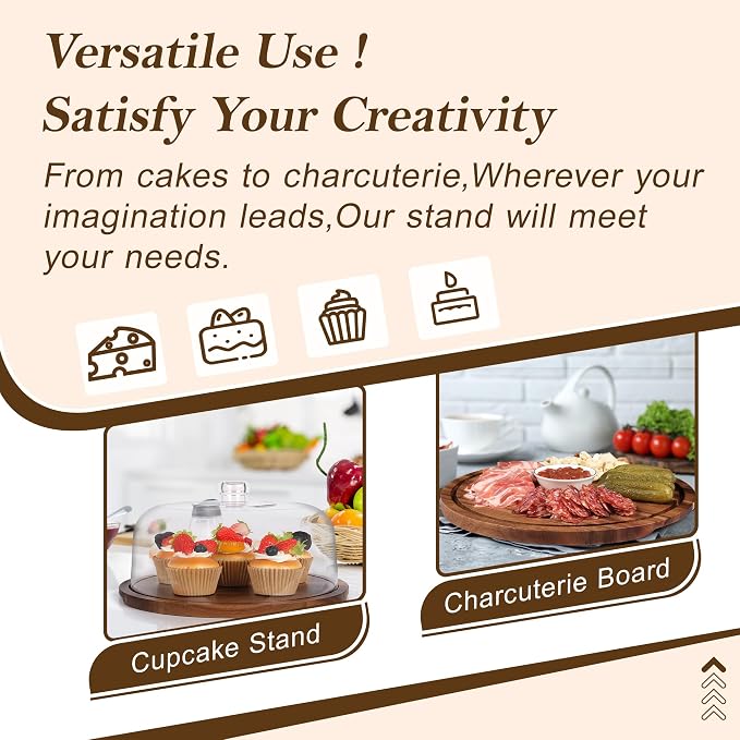 Bellsal Cake Stand with Clear Acrylic Dome Lid, 12in Acacia Wood Cake Holder with Lid, Cake Plate with Lid for Baking Gifts, Cake Display Server Tray for Birthday Party Weddings, Women Gift