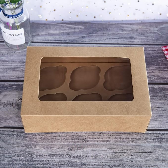 ONE MORE Cupcake Boxes with Inserts 6 Holders,9.5x6.3x3inch Large Brown Kraft Standard Bakery Boxes with Window Food Grade Cake Carrier Container for Muffins Gift Treat Box Bulk,Pack of 15
