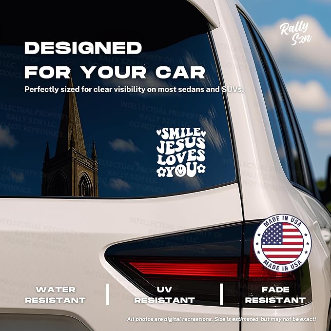Smile Jesus Loves You - Christian Jesus Cross Car Vinyl Decal Bumper Sticker for Car, Wall, Window, Vehicle, Weather Resistant, Viral, White