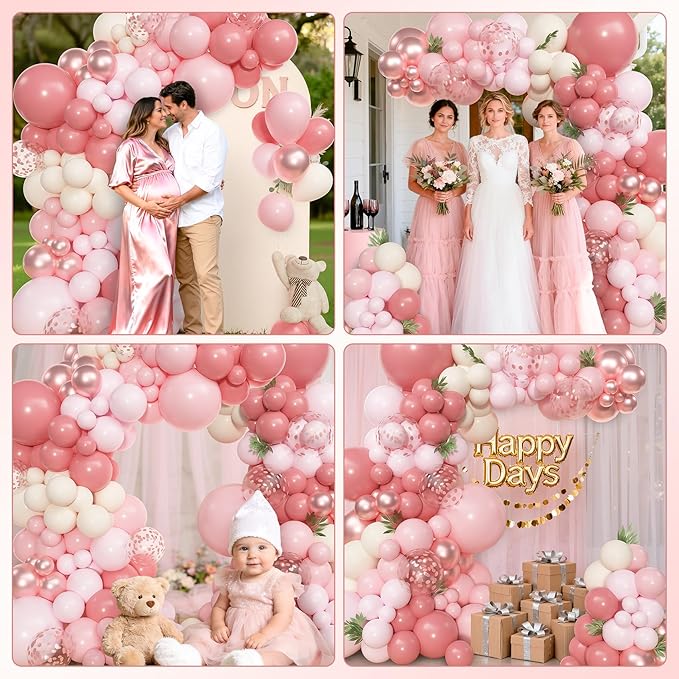 Amandir 153pcs Dusty Pink Balloon Garland Arch Kit, Different Sizes 18 12 10 5 inch Retro Pink Sand White Latex Confetti Balloons for Women Bridal Shower Birthday Party Decorations
