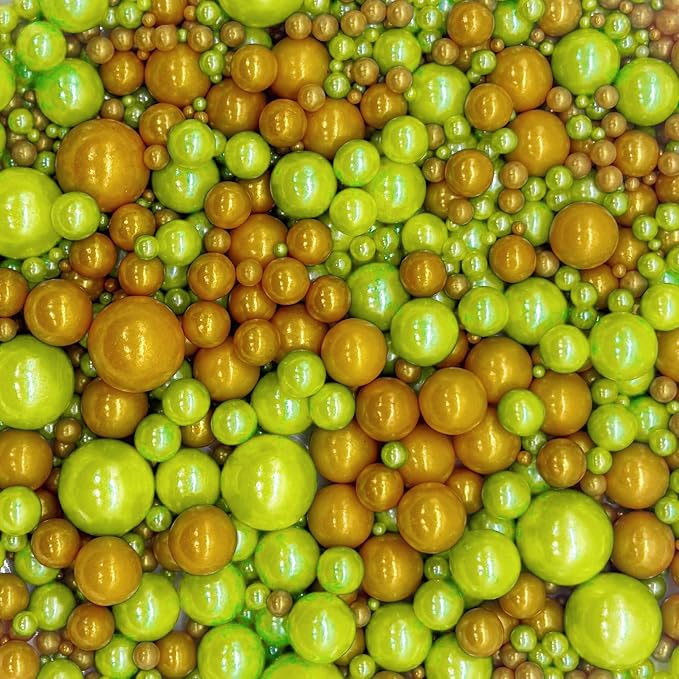 Dynastang Mixed Size Light Green & Gold Pearls Sprinkles Edible Pearls Cake Decorations Cupcake Toppers Decorating Perfect for Cakes, Cupcakes, Desserts 3OZ