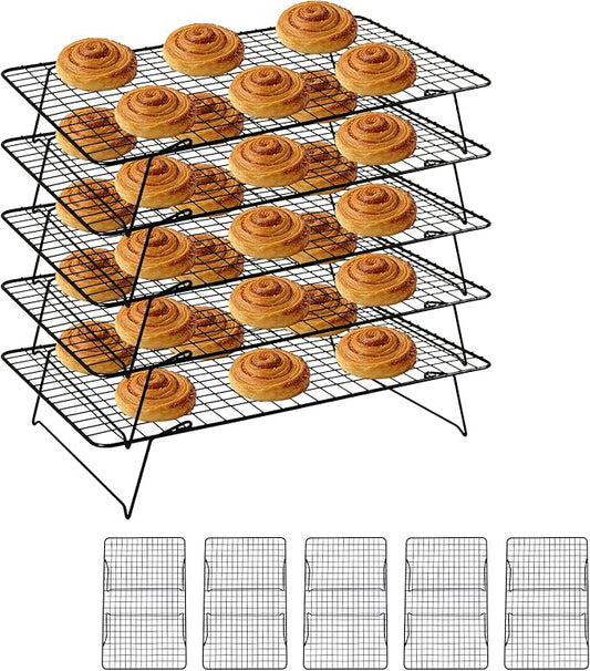 Cooling Rack, 5 Tier Stackable Cooling Racks for Cooking Baking Roasting, Multi-Level Collapsible Cookie Rack for Cakes, Oven Safe & Easy Clean (Black, 5-Tier)