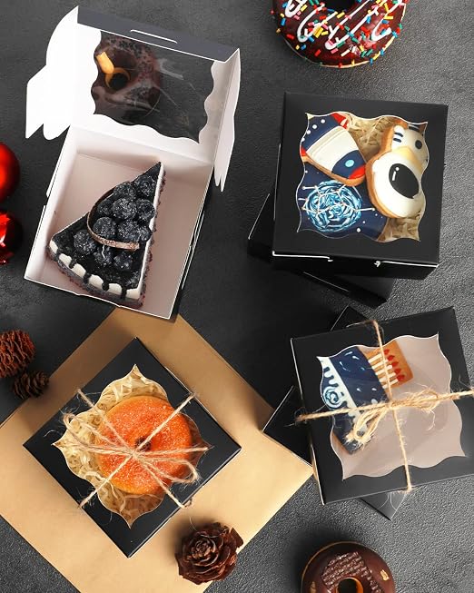 qiqee Black Bakery Boxes with Window 4*4*2.5inch/100Packs Mini Cookie Boxes Macaron boxes Small Donut Pastry Boxes for Party (5 Diferent Gift Include)