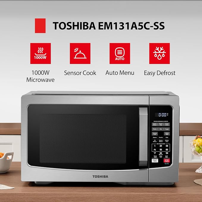 TOSHIBA EM131A5C-SS Countertop Microwave Ovens 1.2 Cu Ft with 12.4" Removable Turntable Smart Humidity Sensor, 12 Auto Menus Mute Function ECO Mode Easy Clean Interior, 1000W, Silver
