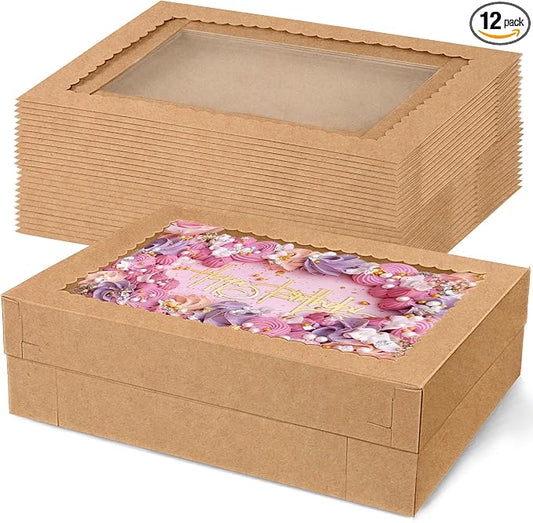 MUMULULU 12PCS Kraft Large Cake Box 16x11x4 Inch Rectangular Cake Box with Window Disposable Bakery Boxes for Donuts Cookies Cupcakes Pastry Pie Packaging Perfect for Weddings Birthdays and Parties
