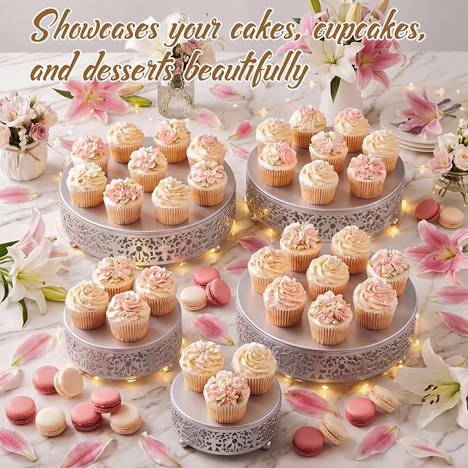 Wenqik 5 Pcs Metal Silver Cake Stand 16/14/12/10/8 Inch Round Cake Holder Display for Dessert Table Cookies Fruit Serving Tray Cupcake Pastry Riser for Wedding Birthday Party and Events