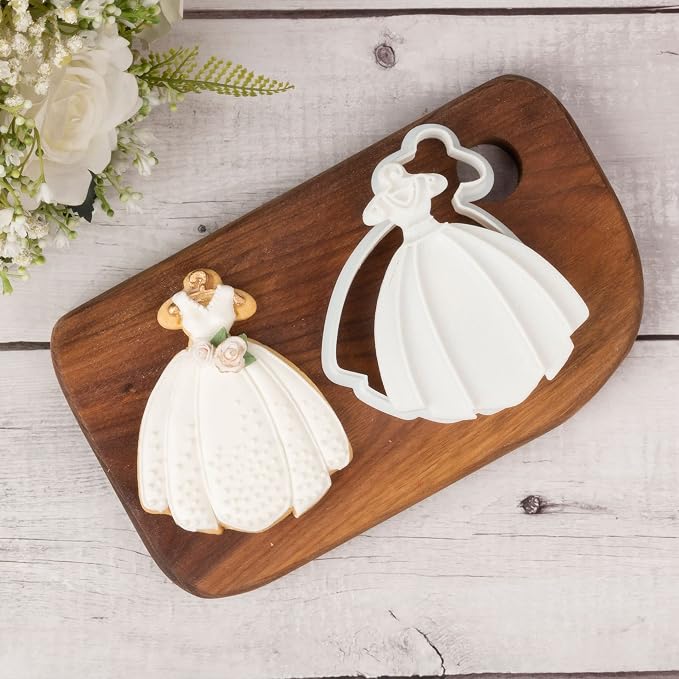 Wedding Cookie Cutters Dress with Plunger Stamps Handle Bridesmaid Bridal Shower Holiday PLA Baking 3.5" Cutter Molds for Kids Decorative Party Kitchen
