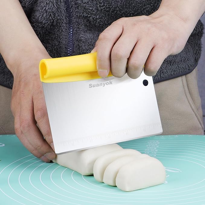 Suanyok Bench Dough Cutter-Flexible Plastic Bowl Scraper,Yellow | Bread/Pastry/Pizza/Flour/Cheese/Food/Vegetable Chopper,Stainless Steel Kitchen Tools,5-Piece Set,Dishwasher Safe