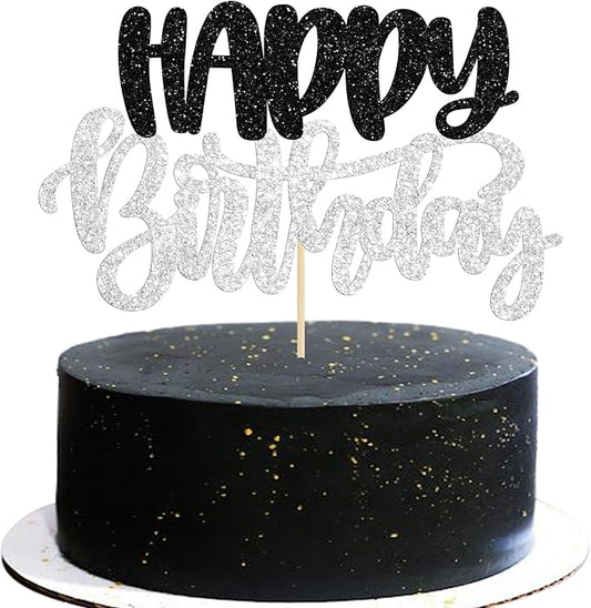 Gyufise 1Pcs Happy Birthday Cake Topper Glitter Happy Birthday Cake Pick for Celebrating Wedding Anniversary Theme Party Cake Decorations Supplies Black Silver