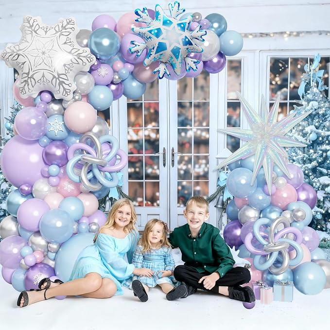 Winter Wonderland Balloon Arch Garland Kit, Snowflake Blue Pink Purple Silver White Balloons Snowflake Star Foil Balloon for Holiday Snow Princess Xmas Christmas Baby Shower Birthday Party Decorations